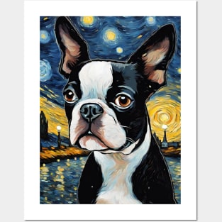 Boston Terrier Dog Breed Painting in a Van Gogh Starry Night Art Style Posters and Art